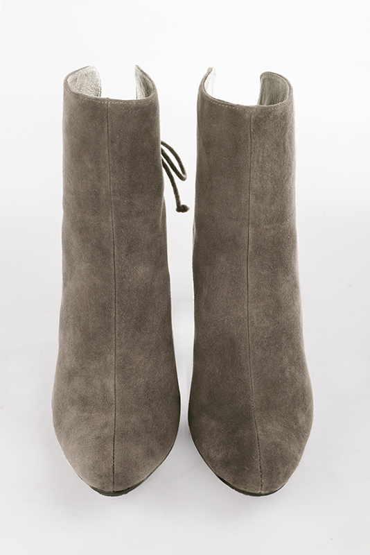 Taupe brown women's ankle boots with laces at the back. Round toe. Very high kitten heels. Top view - Florence KOOIJMAN